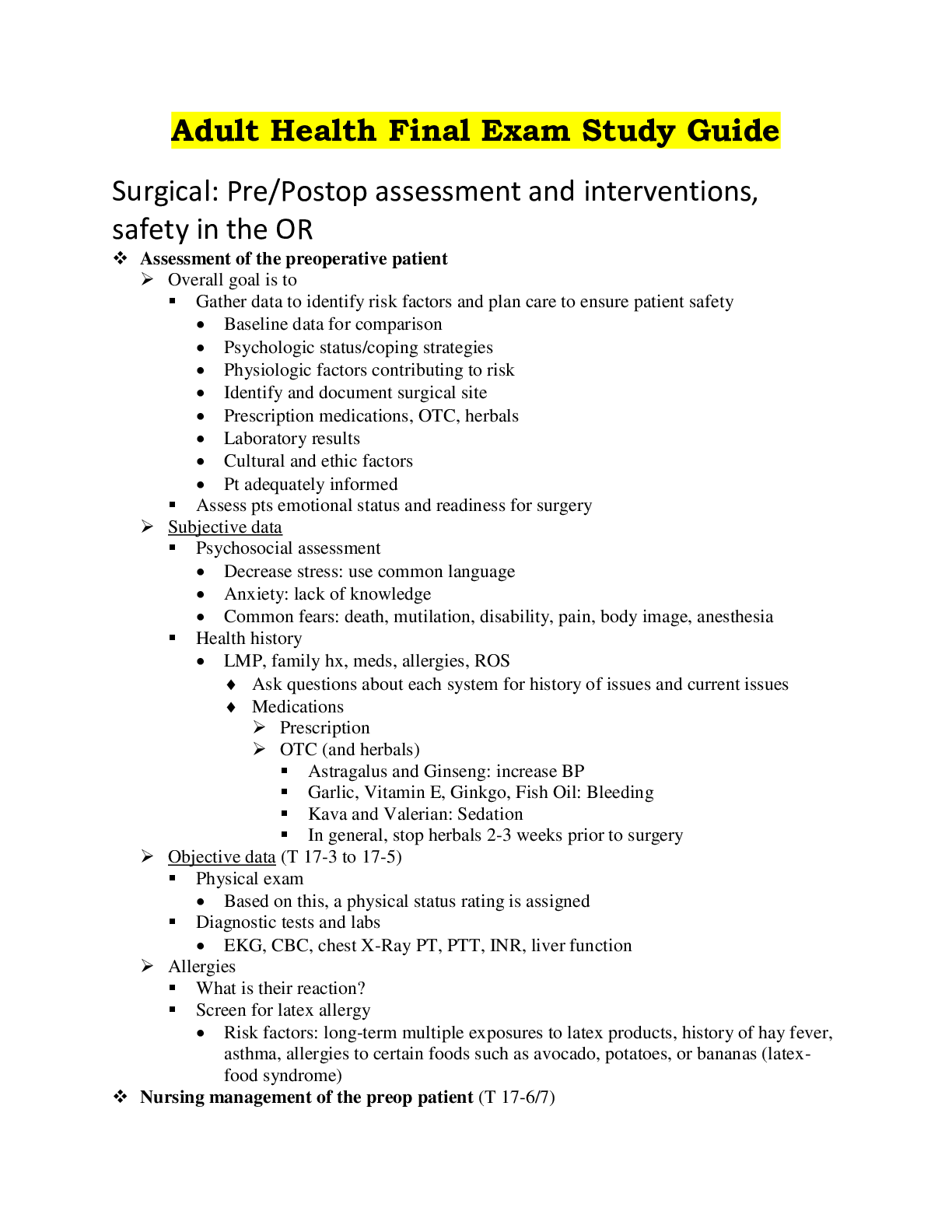 Preview of Adult Health Final Exam Study Guide